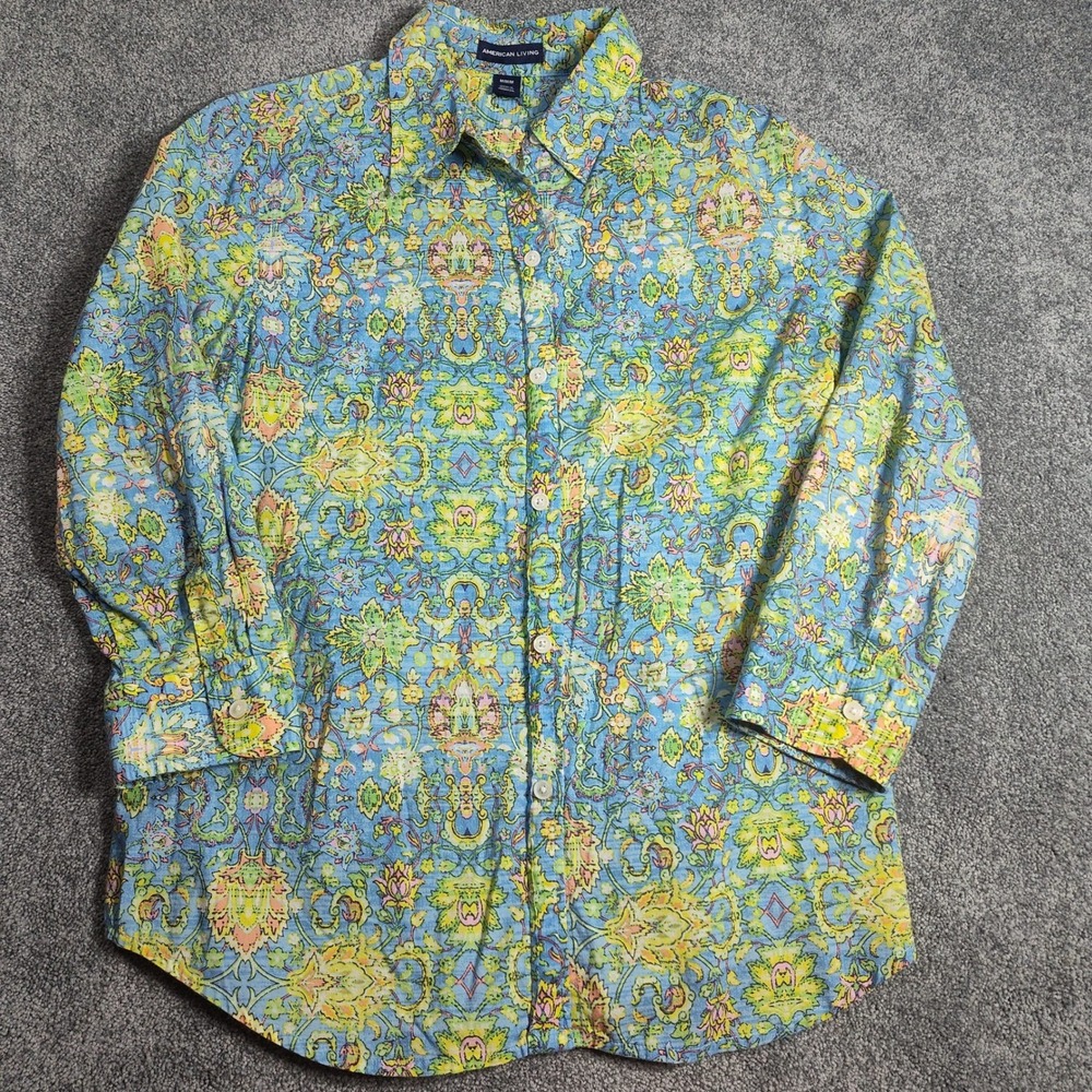 American Living Floral Button Down Shirt Multicolor 3/4 Sleeve Womens Size M